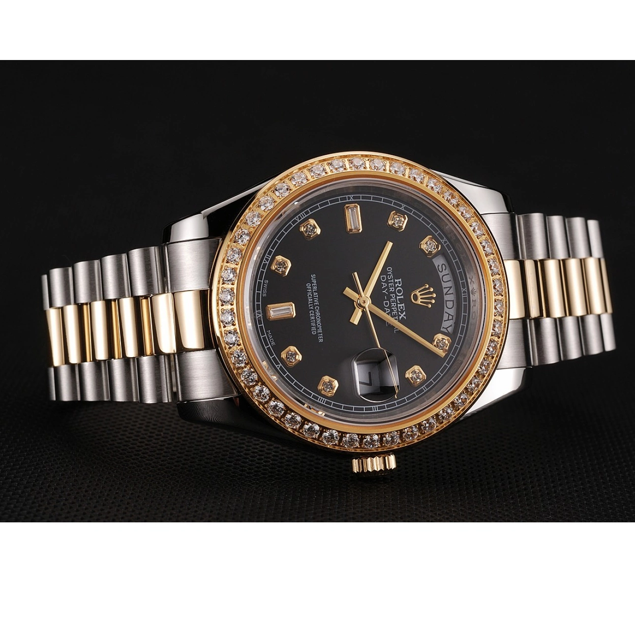 Rolex aaa copy Case Stainless Two Dial Day-Date Tone Black 1453976 Rolex Steel Swiss Bracelet Gold Diamond 0624